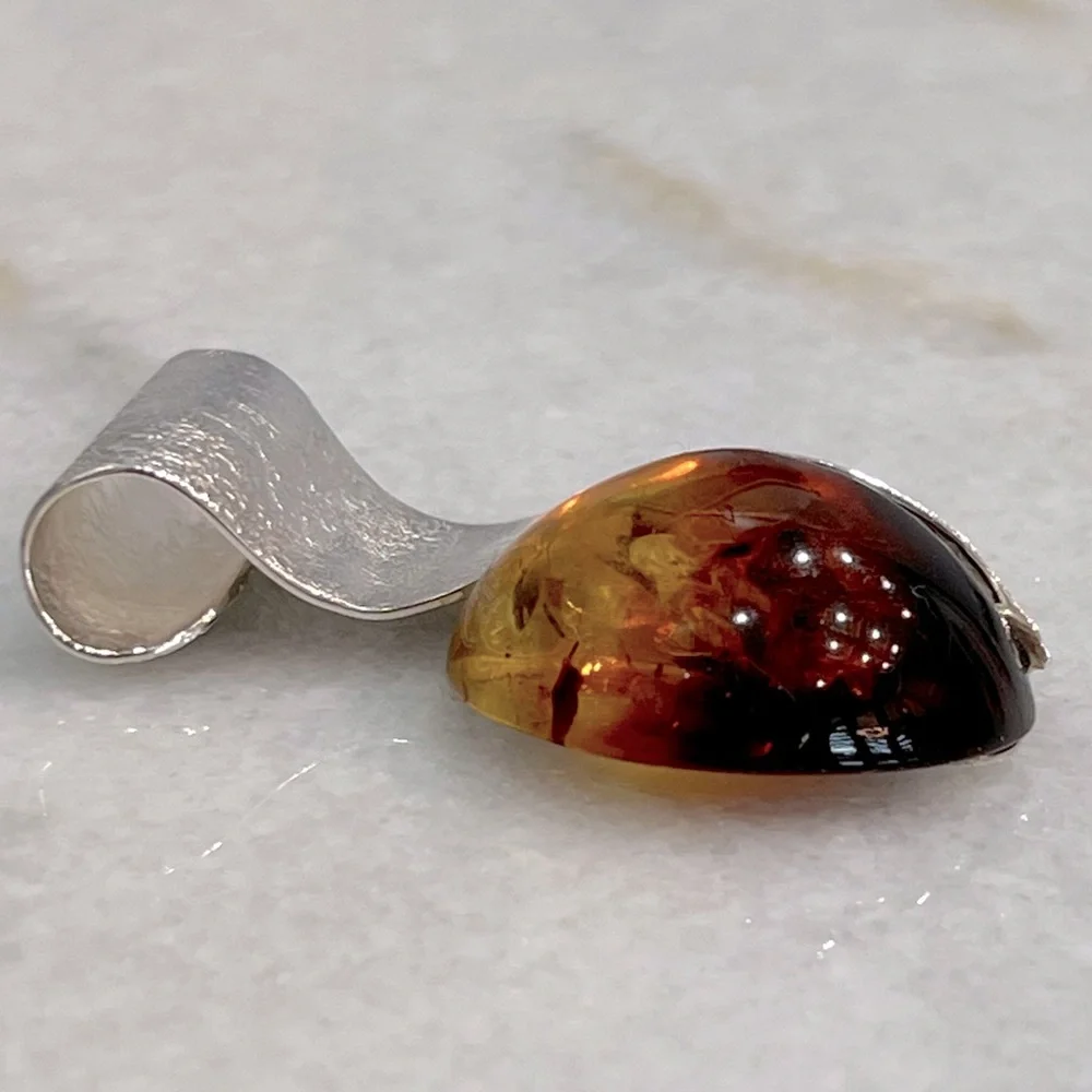 RARE BiColor Baltic Amber Sterling Silver Textured Scrolled Pendant